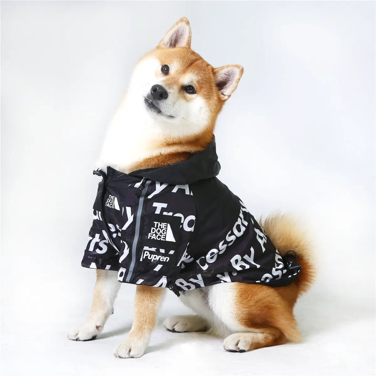 Windproof And Rainproof Dog Clothes Large Dog Raincoat Dog Pet Shell Jacket on a stylish Shiba Inu dog.