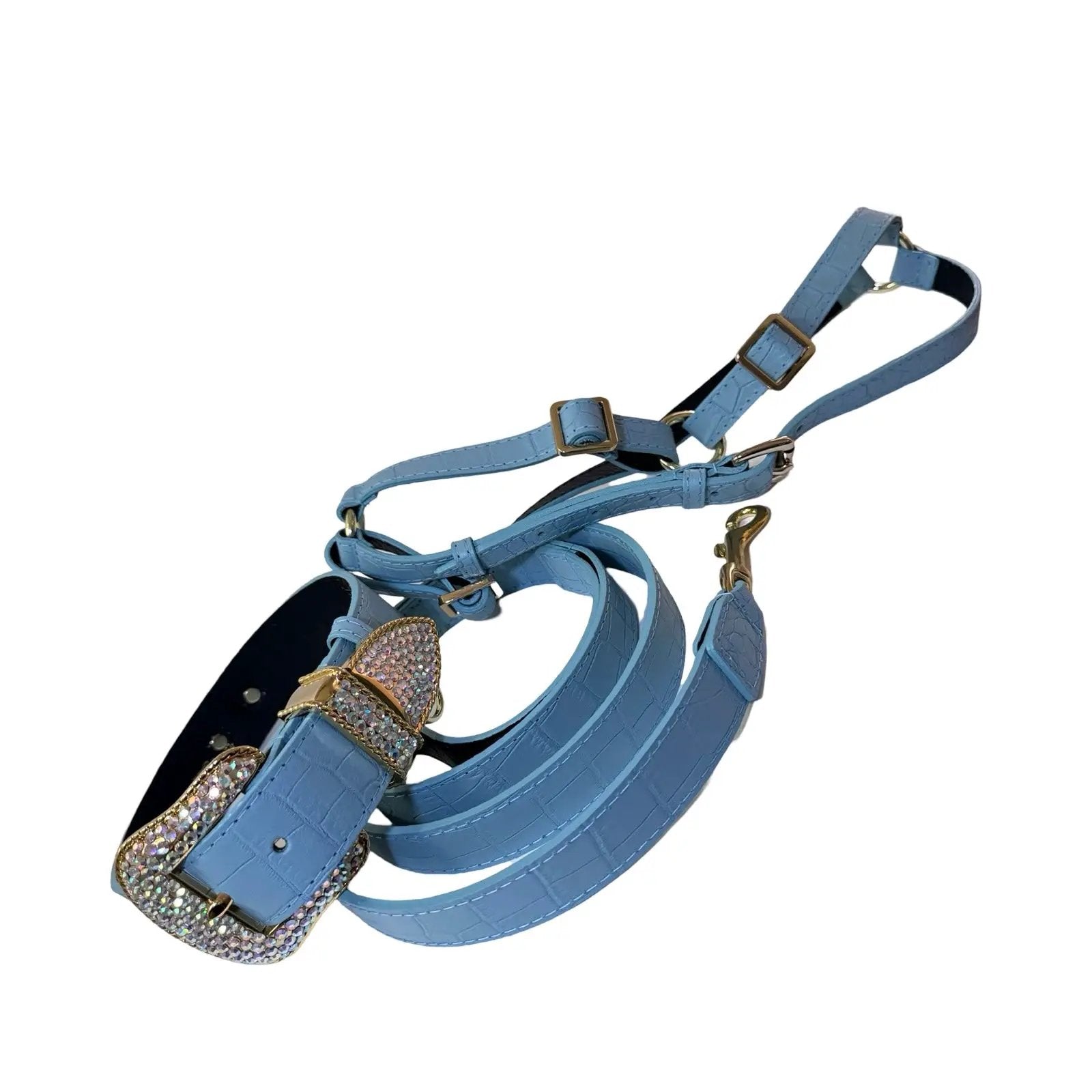 La Jolla Collar Leash Harness Set In Matte Baby Blue by Allysa Payne Beverly Hills