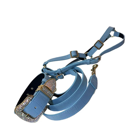 La Jolla Collar Leash Harness Set In Matte Baby Blue by Allysa Payne Beverly Hills