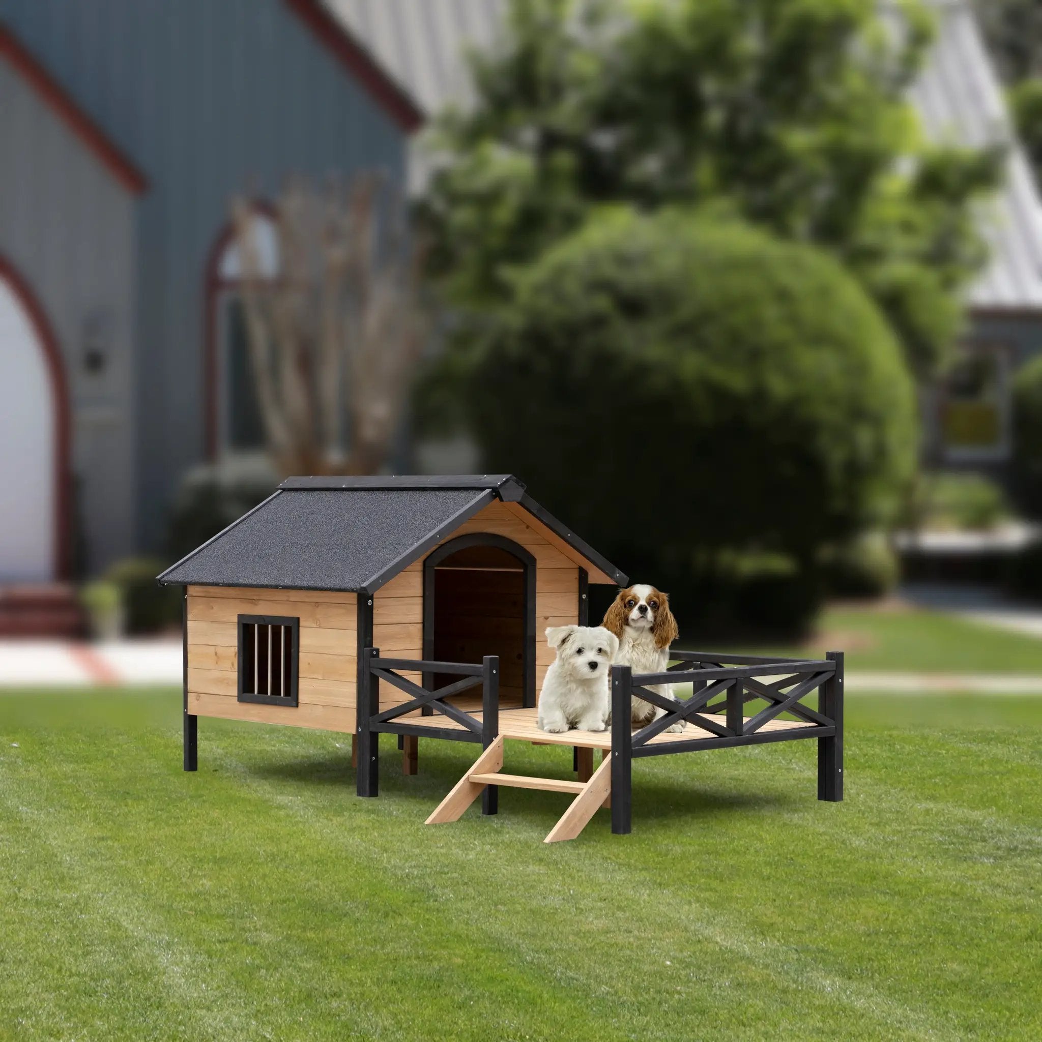 Outdoor Large Wooden Cabin House Style Dog Kennel with Porch by HouseOfZazla