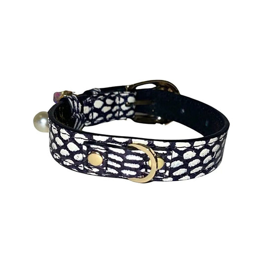 XS snake collar, 7–14 in, white and navy polka dot with gold Italian hardware and Swarovski pearl charm