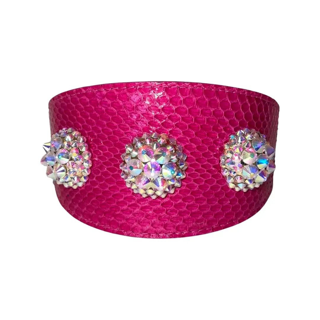 Fuchsia snake-skin wide collar with three Swarovski crystal rivets