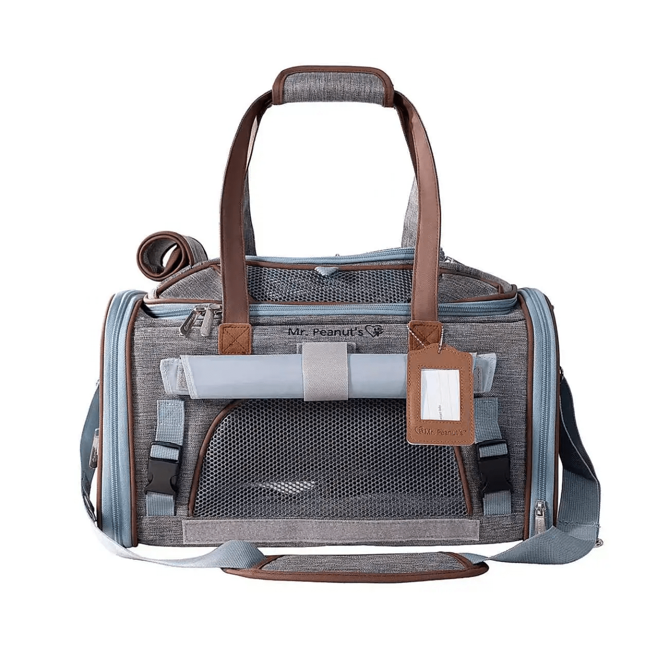 Mr. Peanut's Gold Series Expandable V3.0 Pet Carrier, gray fabric with brown trim and blue zippers, air travel approved