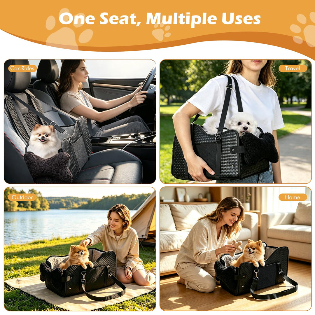 Pet seat shown in vehicle and carried outdoors