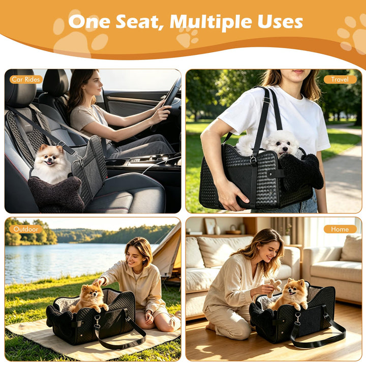 Pet seat shown in vehicle and carried outdoors