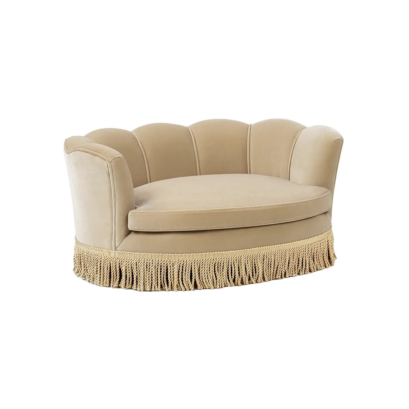Clara 34.5 in. Scalloped Pet Sofa Bed, Medium, Fawn beige fabric with fringe trim