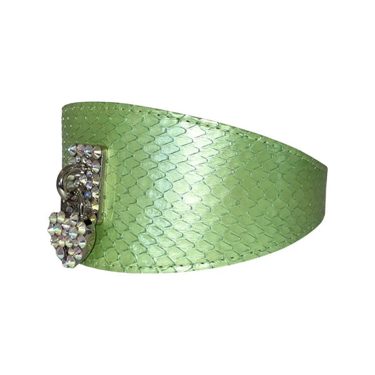 Green snake-embossed wide cuff bracelet with Swarovski crystal heart locket by Allysa Payne Beverly Hills