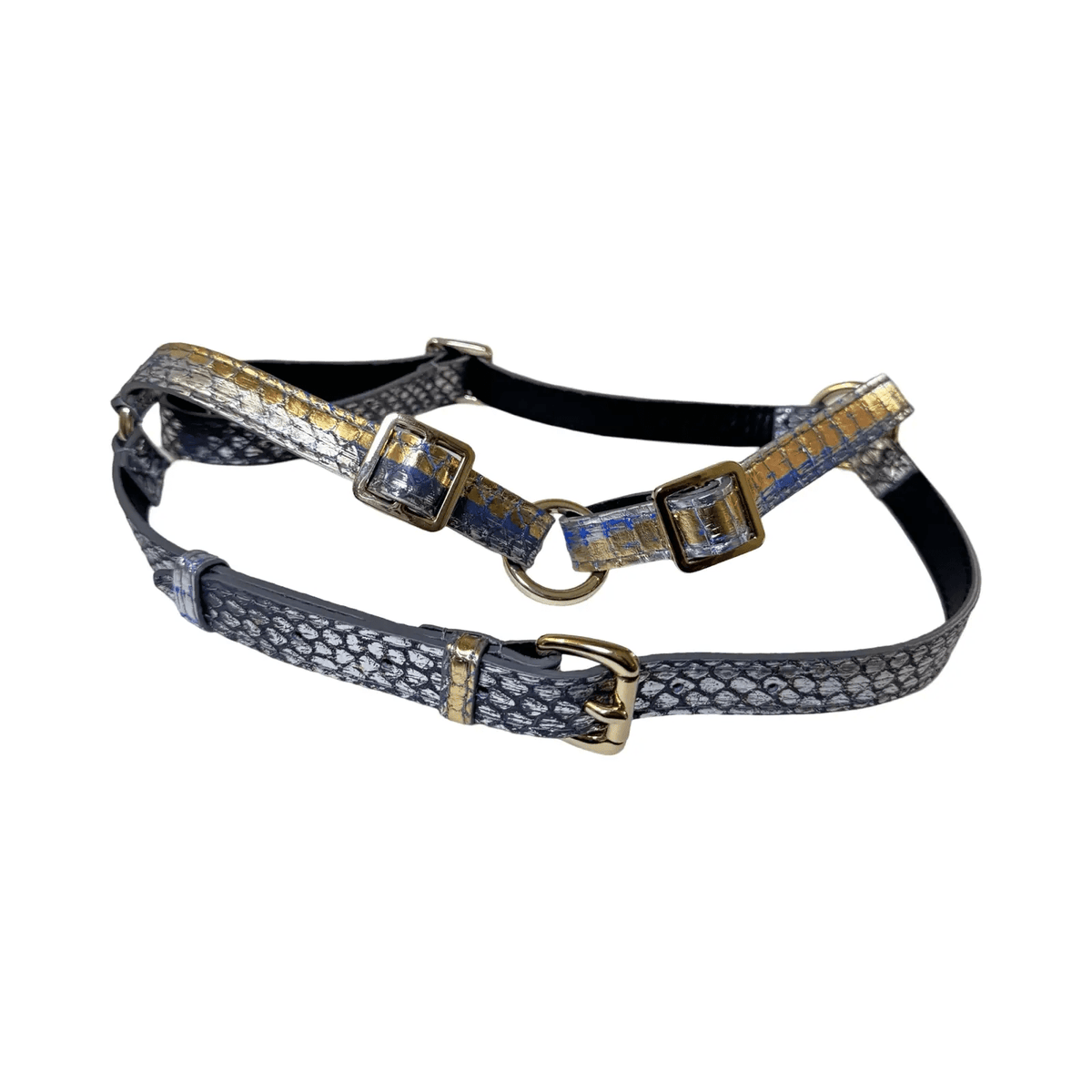 The Royal Harness by Allysa Payne Beverly Hills; metallic snakeskin straps with gold-tone buckles and rings.
