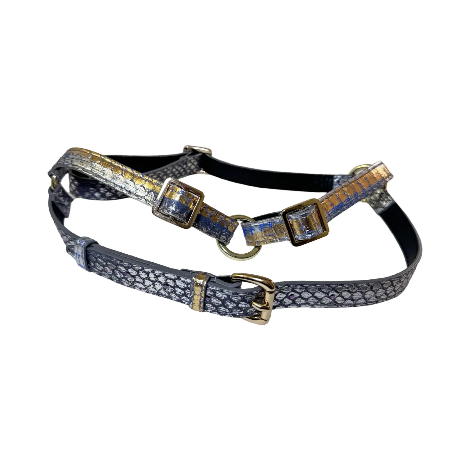 The Royal Harness by Allysa Payne Beverly Hills; metallic snakeskin straps with gold-tone buckles and rings.