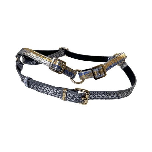 The Royal Harness by Allysa Payne Beverly Hills; metallic snakeskin straps with gold-tone buckles and rings.