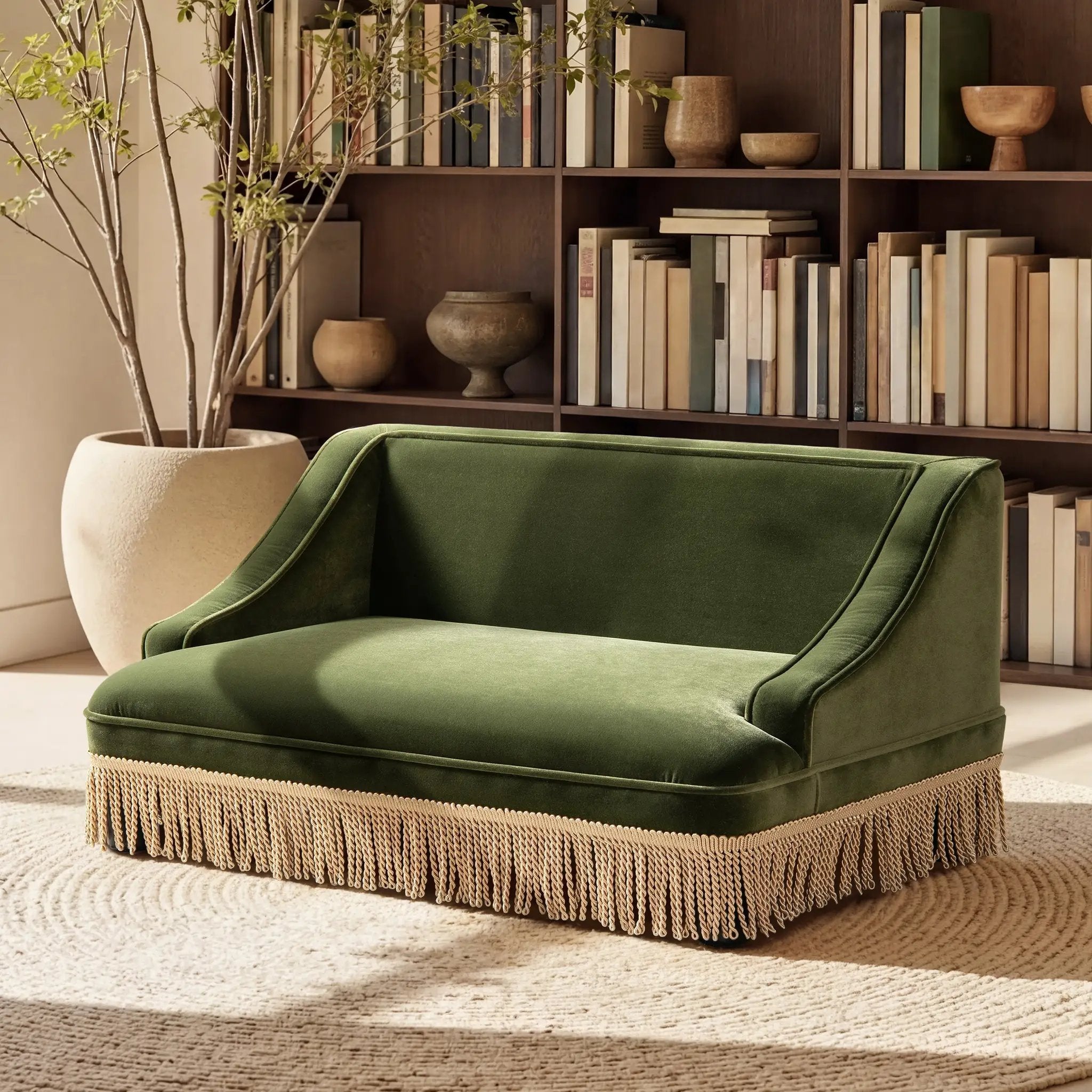 Duchess 33' Medium Princess Pet Bed Sofa with Fringe Skirt, Olive Green Velvet by HouseOfZazla