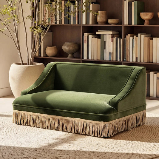 Duchess 33' Medium Princess Pet Bed Sofa with Fringe Skirt, Olive Green Velvet by HouseOfZazla