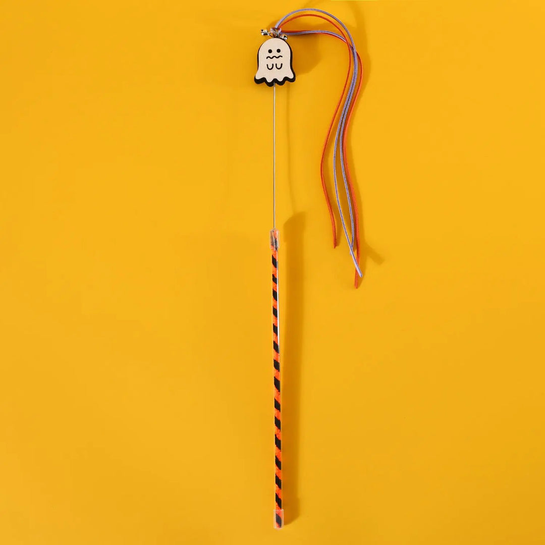 Halloween Cat Teaser Wand by Pet Zen with ghost charm, sounding bell, and orange-purple ribbons.