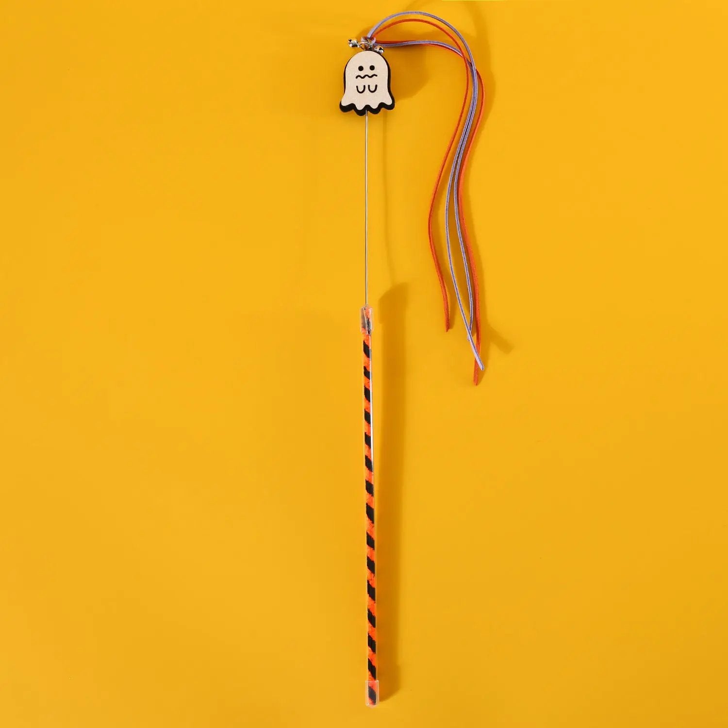 Halloween Cat Teaser Wand by Pet Zen with ghost charm, sounding bell, and orange-purple ribbons.