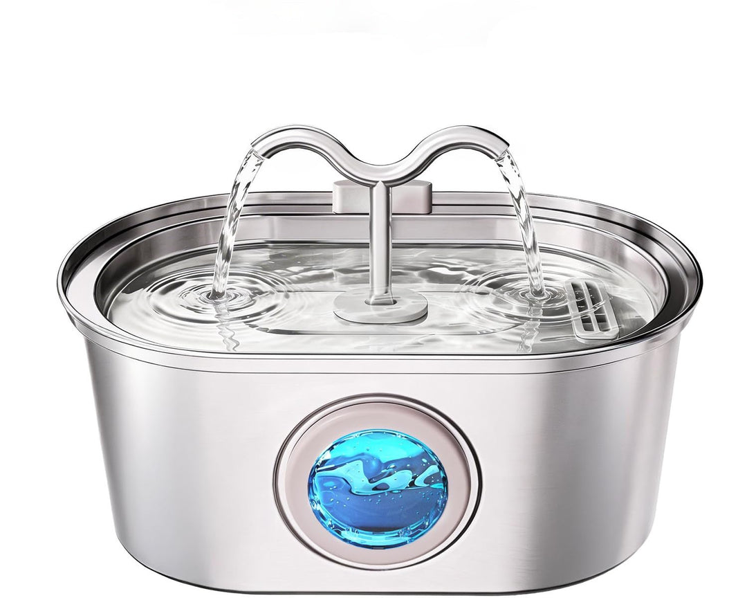 Dual-spout stainless steel fountain with front water window