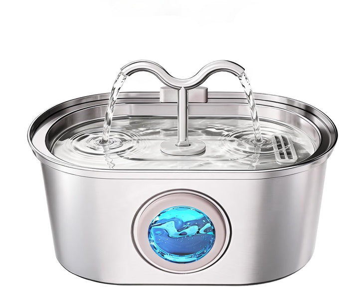 Dual-spout stainless steel fountain with front water window