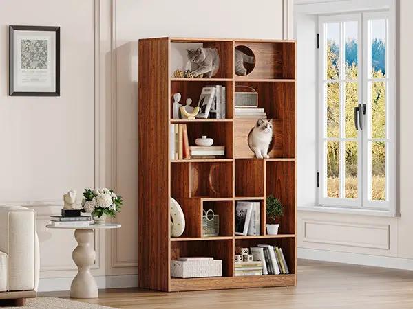 Sangria Beech Modern 2-in-1 wooden cat house bookshelf with cubbies and display cabinet