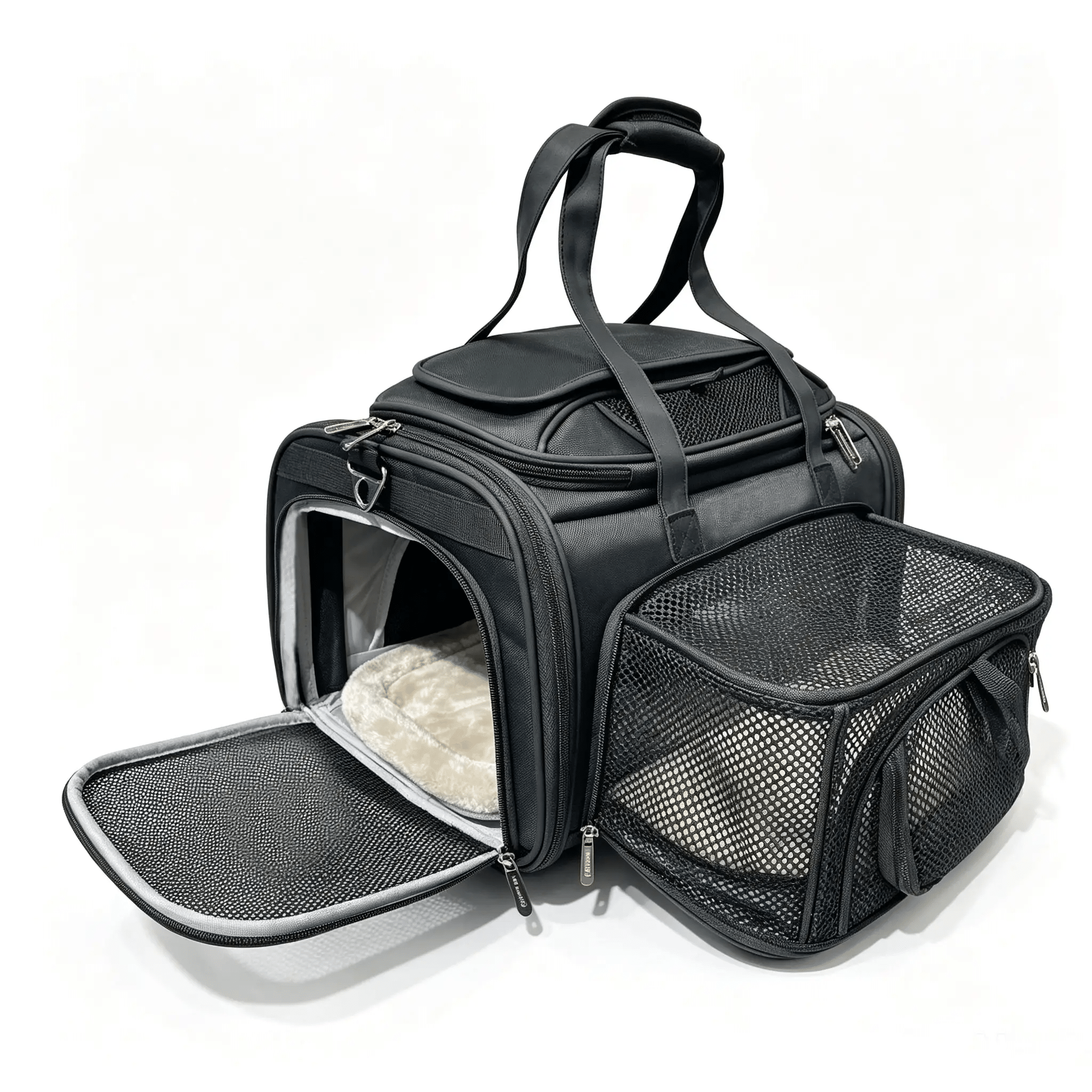 Mr. Peanut's Gold Series Mini Expandable V3.0 Pet Carrier, black expandable air-travel carrier with mesh panels and dual zippers