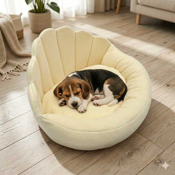 Dog curled in cream-beige pet sofa