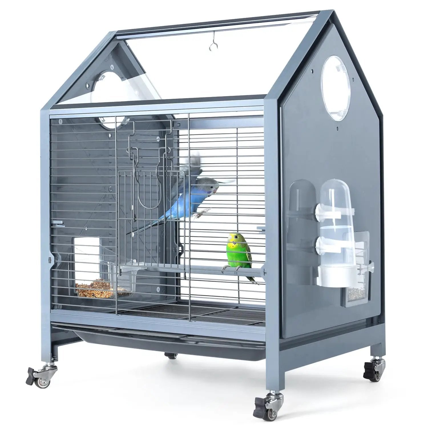 OIIBO Acrylic Bird Cage 25 Inch Deluxe Rolling Bird Cage with Acrylic Panel Medium Bird Cage Kit with Bird Feeders Water Bottle Perch for Parrot Conures Lovebirds Finches Canaries Parakeets - from For Animals, With Love