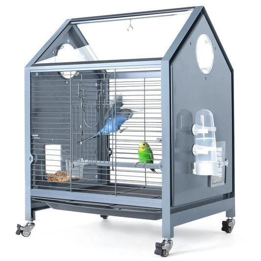 OIIBO Acrylic Bird Cage 25 Inch Deluxe Rolling Bird Cage with Acrylic Panel Medium Bird Cage Kit with Bird Feeders Water Bottle Perch for Parrot Conures Lovebirds Finches Canaries Parakeets - from For Animals, With Love
