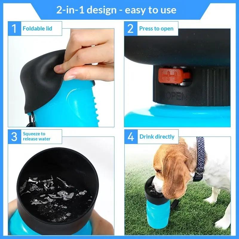 Portable squeeze-style dog water bowl and cat drinking fountain, blue with black lid, For Animals, With Love.