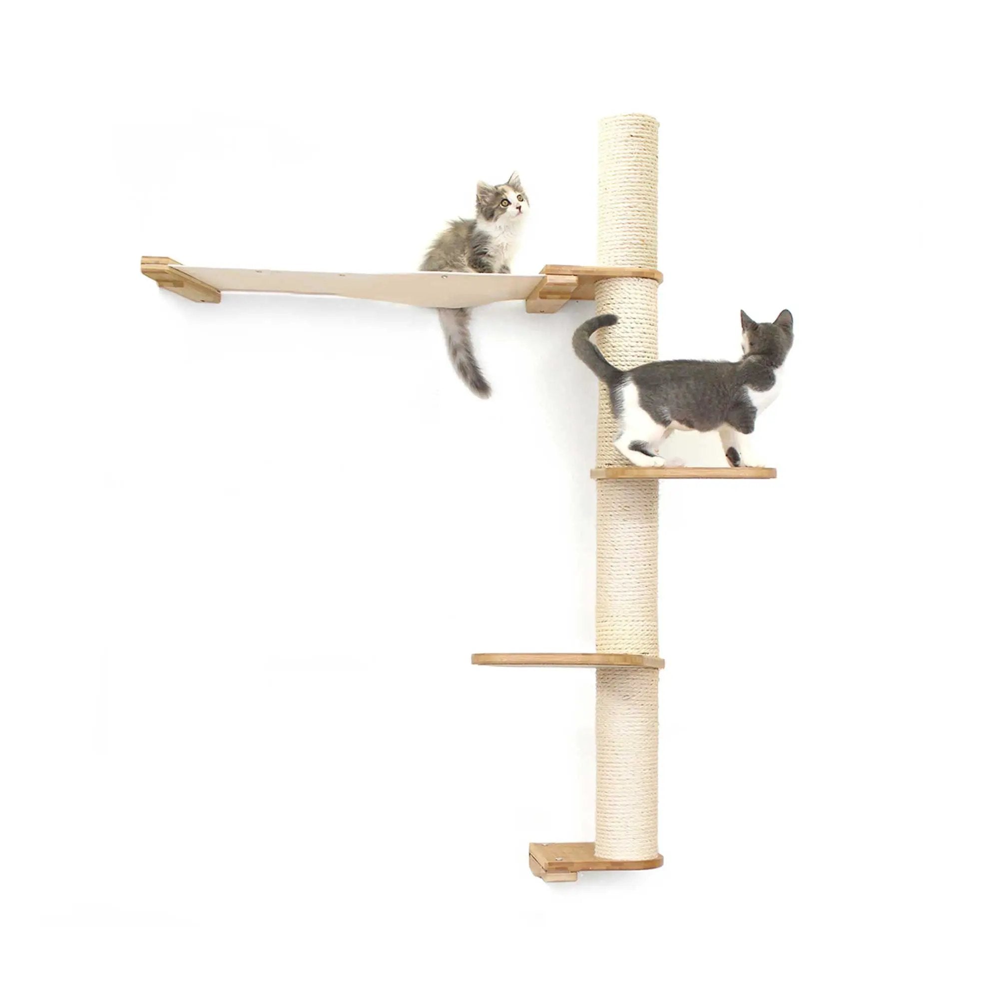 The Crow's Nest cat condo wall scratcher with hammock, beige sisal post, by Catastrophic Creations.
