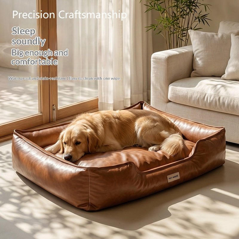 Large dog resting in brown bolster bed