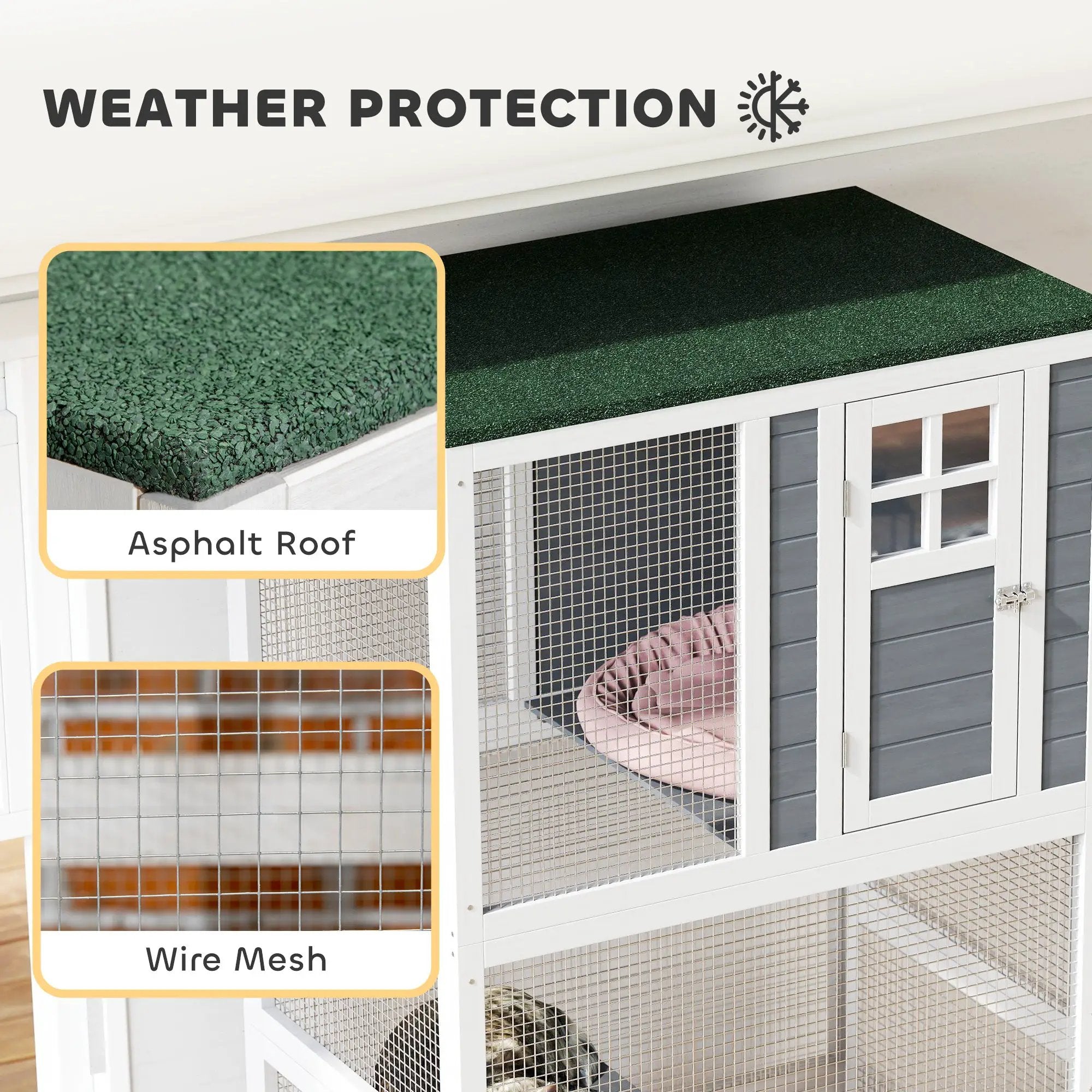 White wooden outdoor catio enclosure with wire mesh panels and a cat inside