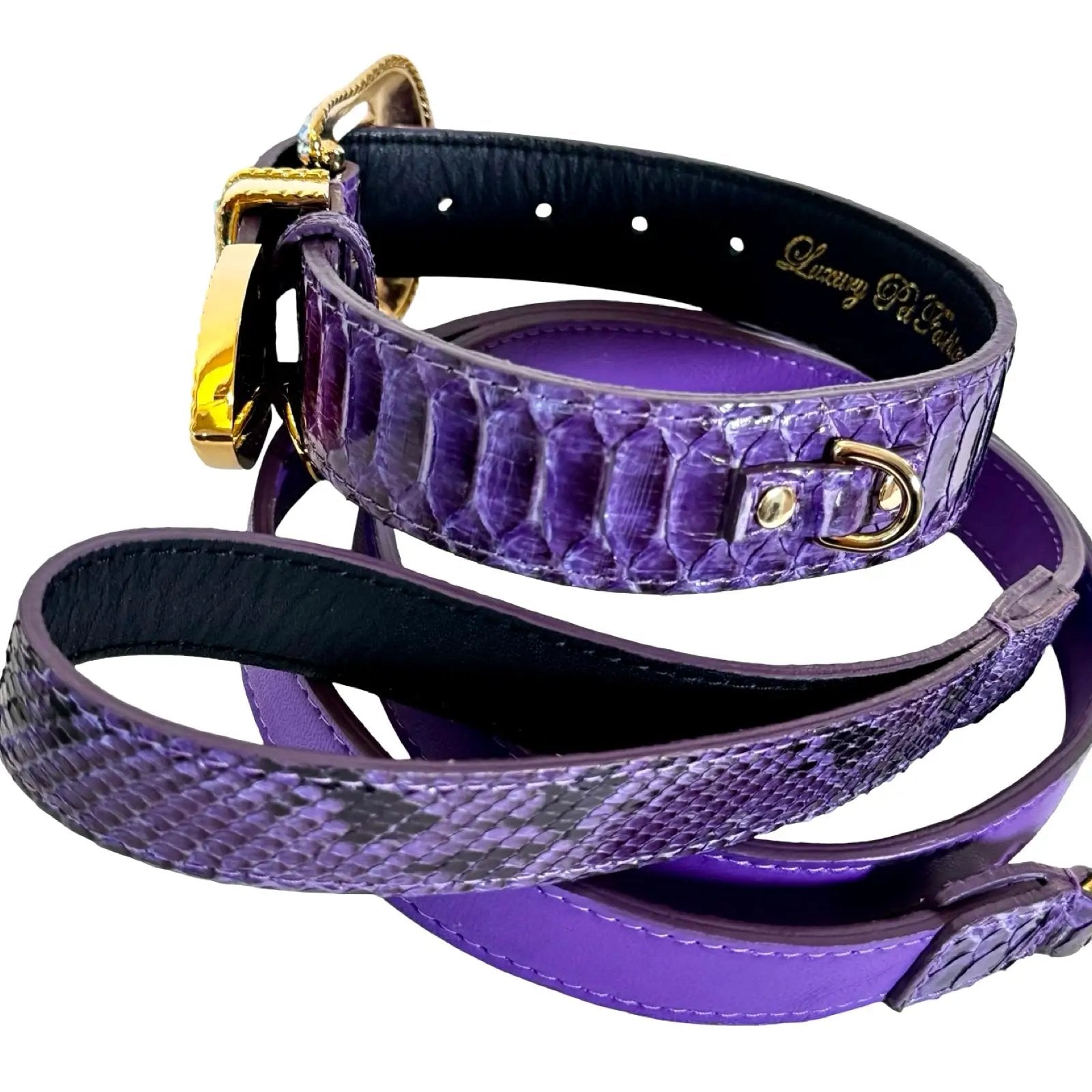 Amethyst Royale Python Set of purple python collars with gold hardware by Allysa Payne Beverly Hills