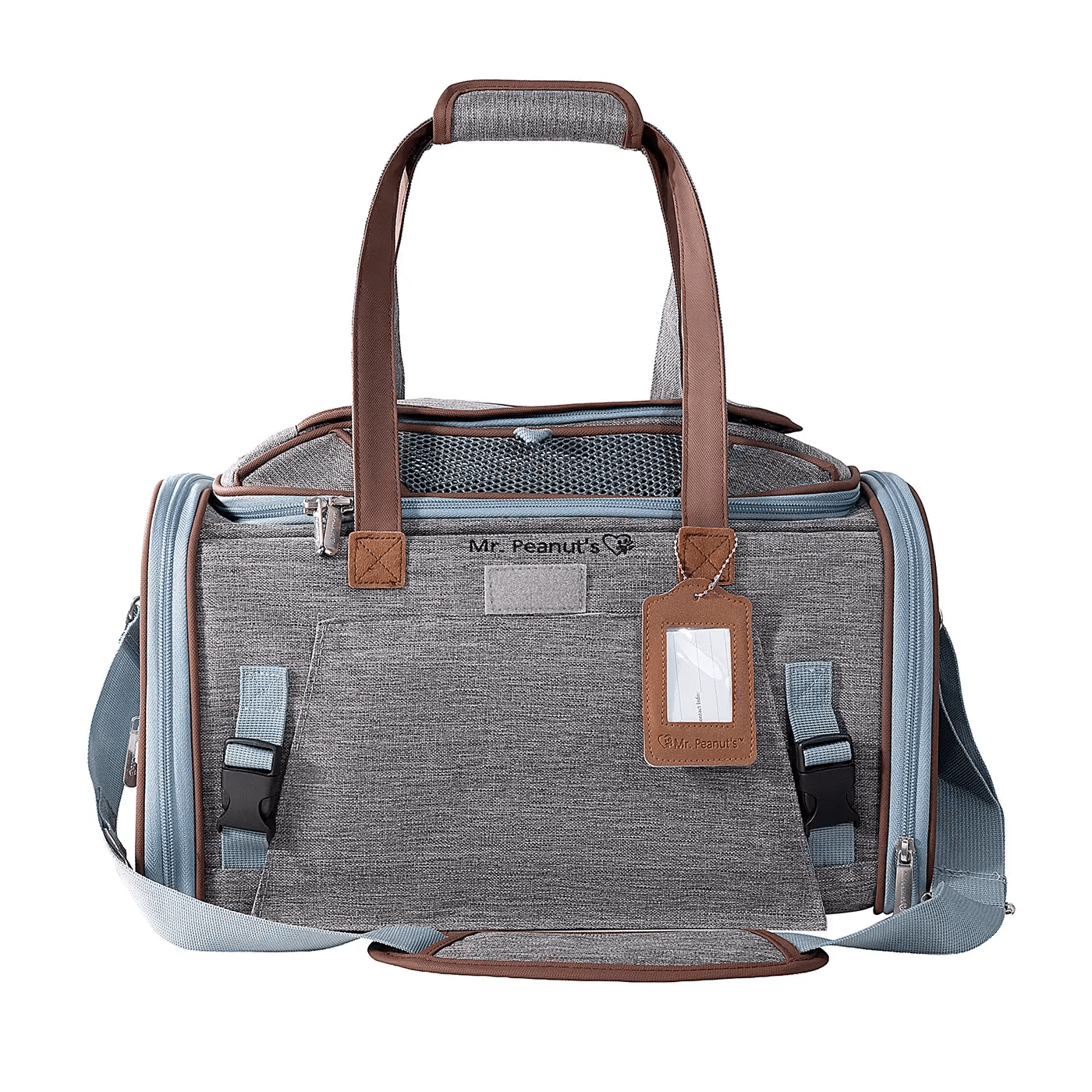 Mr. Peanut's Gold Series Expandable V3.0 Pet Carrier; gray heather fabric with brown trim handles, air travel approved