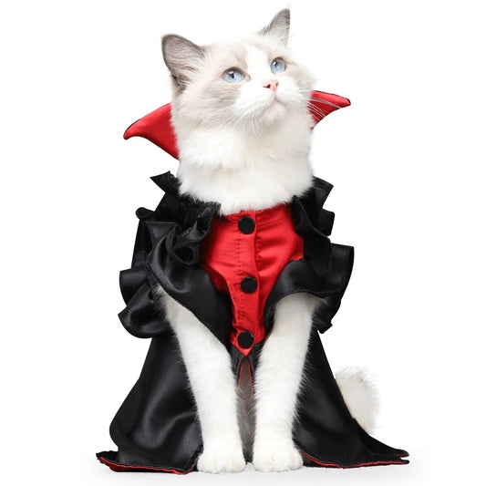 Cat Halloween vampire transformation costume by Pet Zen; red satin cape with black ruffle