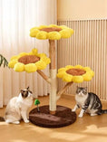 Load image into Gallery viewer, Sunflower Multi-Level Cat Tree & Condo with yellow plush sunflower platforms on a brown trunk
