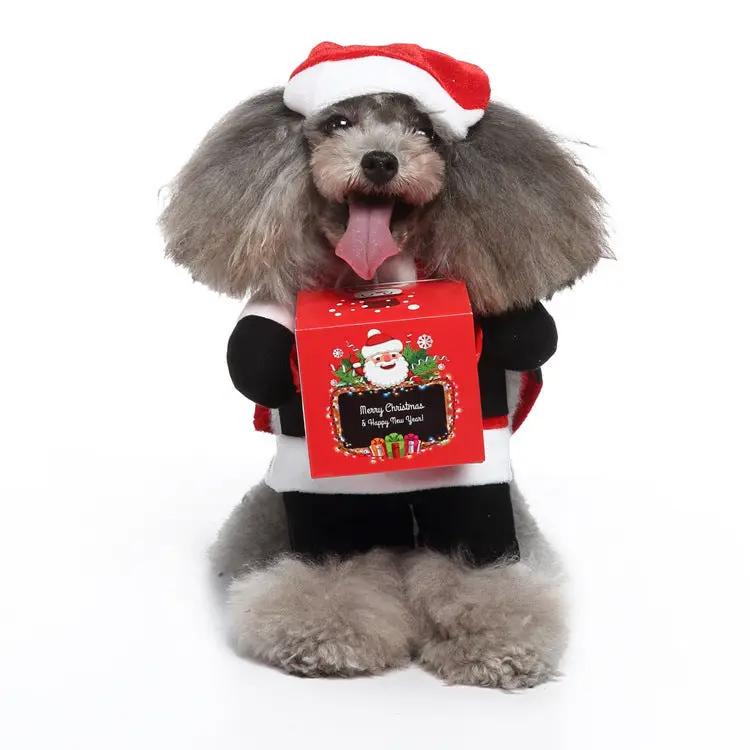 Cosplay Pet Supplies dog costume in Christmas Santa theme with Santa hat, holding red gift box