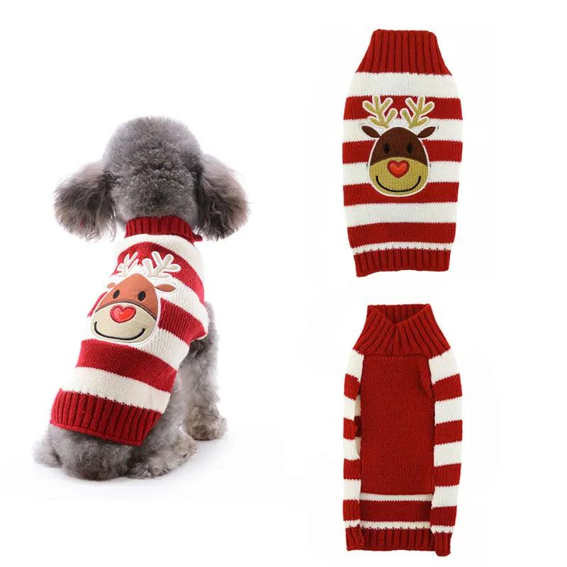 Pet dog clothes christmas pompom christmas small reindeer sweater for dogs in red and white stripes