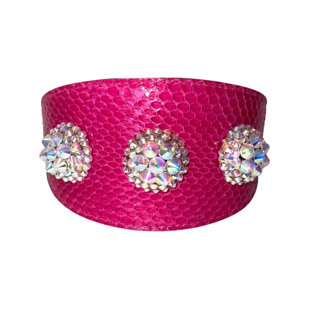 Fuchsia snake-wide collar with 3 Swarovski crystal rivets by Allysa Payne Beverly Hills