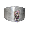 Load image into Gallery viewer, Love Collection cuff bracelet by Allysa Payne Beverly Hills, silver textured metal with crystal-embellished lock charm
