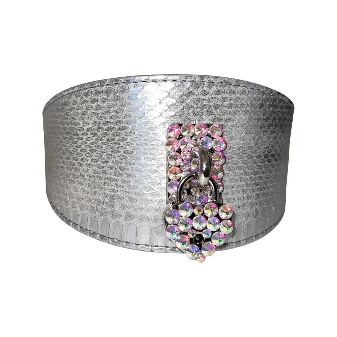 Love Collection cuff bracelet by Allysa Payne Beverly Hills, silver textured metal with crystal-embellished lock charm