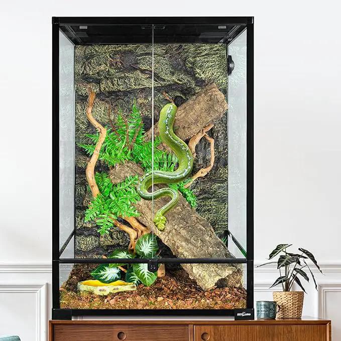 REPTIZOO 90 Gallon glass terrarium by PawMart, 24x24x36, front-opening door with top vent, snake inside