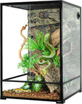 Load image into Gallery viewer, REPTIZOO 90 Gallon Glass Terrarium with front-opening door and top vent; black frame, green snake inside
