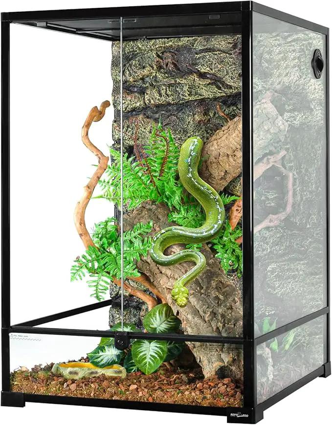 REPTIZOO 90 Gallon Glass Terrarium with front-opening door and top vent; black frame, green snake inside