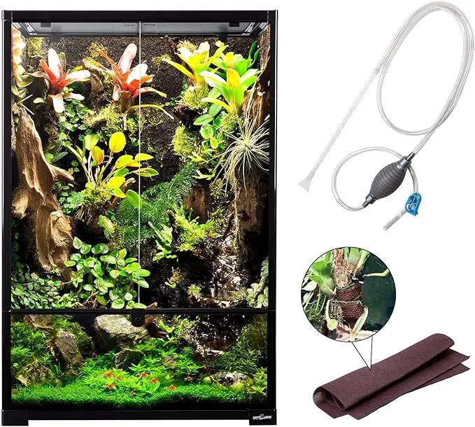 Mewtique 67-Gallon glass terrarium with tall paludarium setup; includes siphon gravel cleaner and plant mat