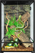 Load image into Gallery viewer, Reptizoo 90-Gallon glass terrarium with front-opening doors; 24x24x36 in, rocks, plants, and a green snake.
