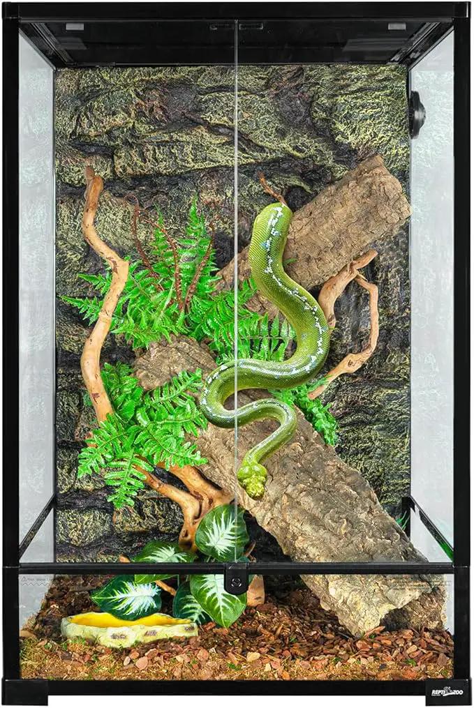 Reptizoo 90-Gallon glass terrarium with front-opening doors; 24x24x36 in, rocks, plants, and a green snake.