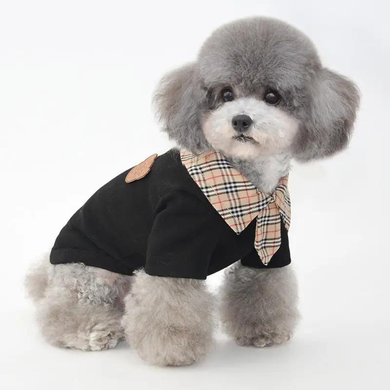 Dog clothes summer thin section small dog in a black polo shirt with plaid collar and beige details.