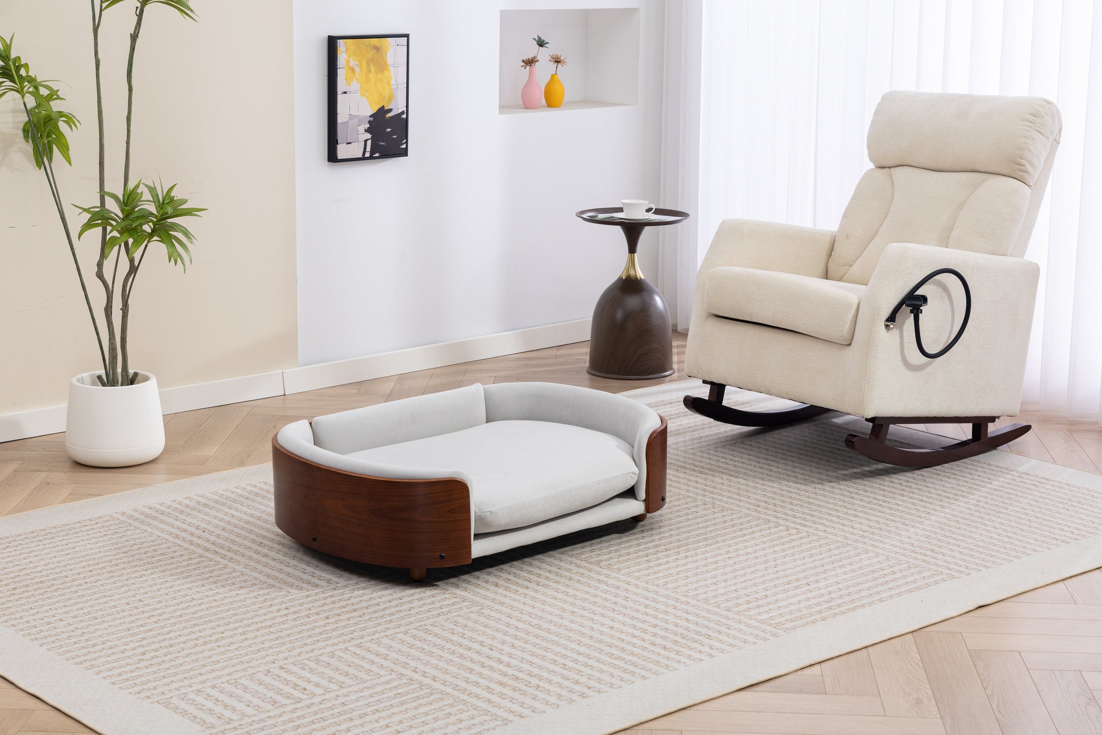 Scandinavian style elevated dog bed with solid wood legs and light gray cushion