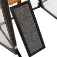 Load image into Gallery viewer, Outdoor Cat Enclosure in black/brown fir wood with wire-mesh sides and carpeted ramp panel
