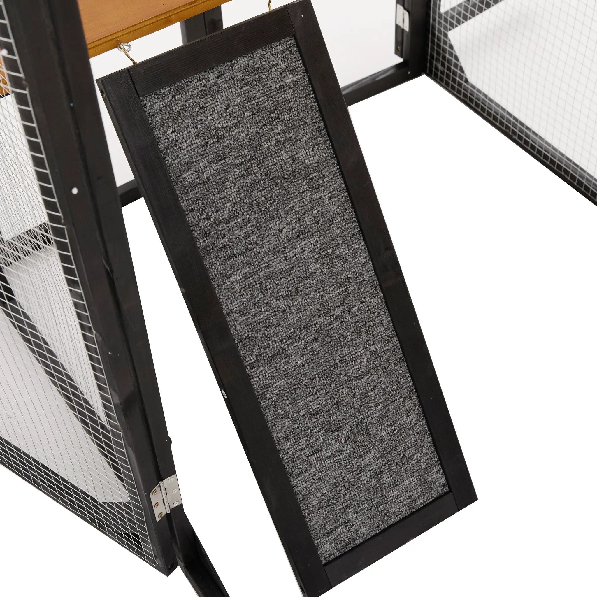 Outdoor Cat Enclosure in black/brown fir wood with wire-mesh sides and carpeted ramp panel