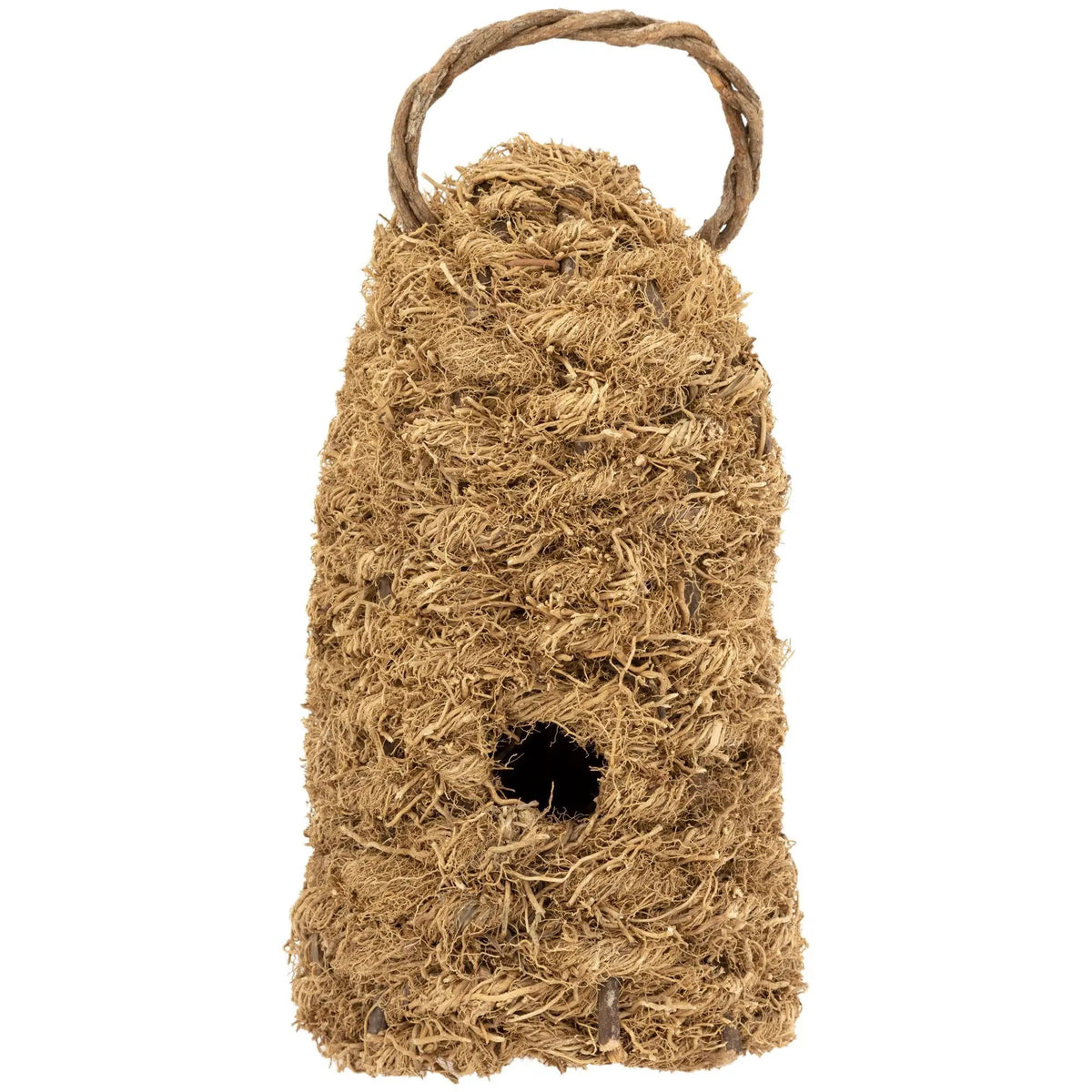 GreaterGood Haitian Birdhouse in natural palm-fiber weave with loop handle