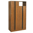 Bild in Galerie-Betrachter laden, Modern 2-in-1 wooden cat house bookshelf display cabinet in warm brown wood with black straps by Sangria Beech.
